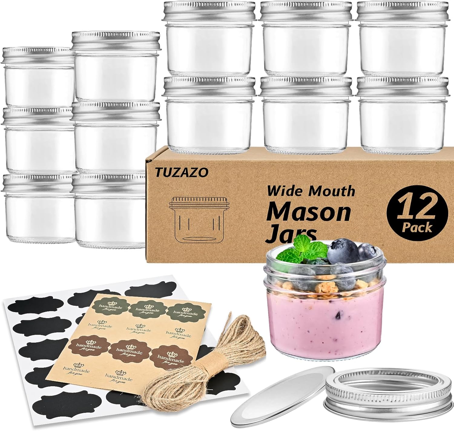 TUZAZO 4 oz Mason Jars 12 Pack with Lids and Labels