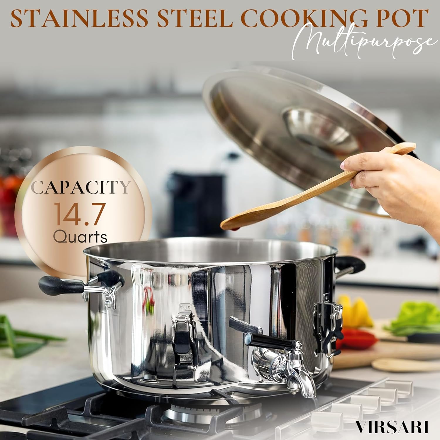 Virsari 147 Qt Stockpot with Flip-and-Serve Lid and Strainer