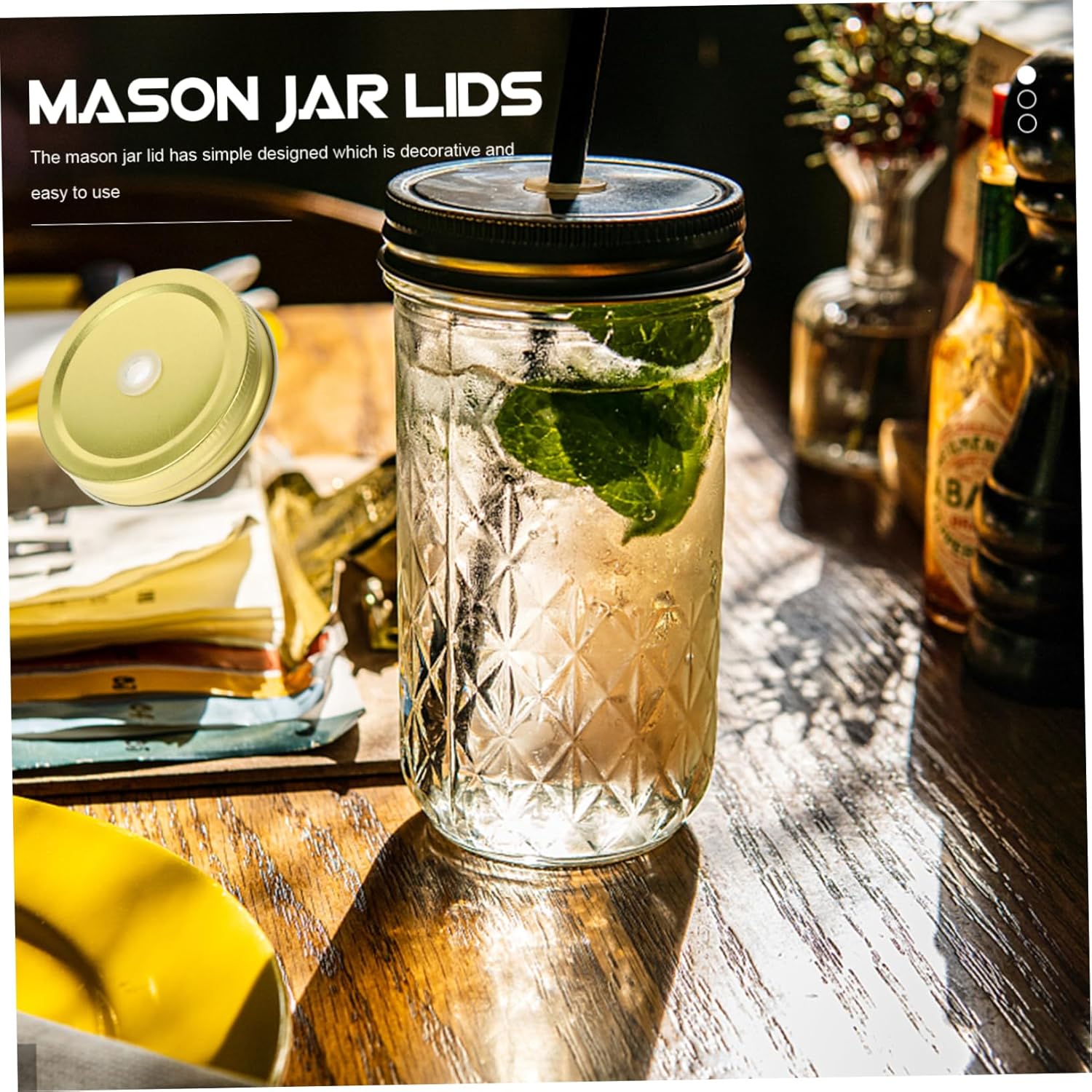 BRIGHTFUFU 48 Pcs Reusable Mason Jar Lids with Straw Hole