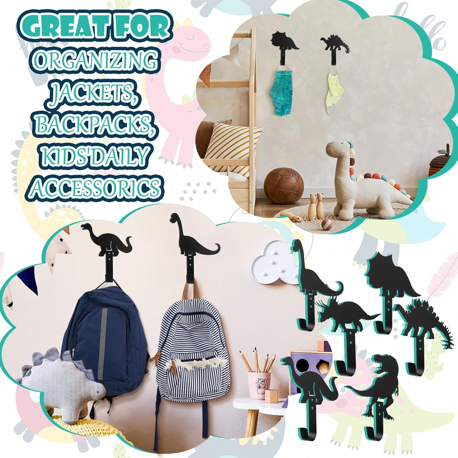 Zhengmy Dinosaur Theme Wall Coat Hooks Black Metal