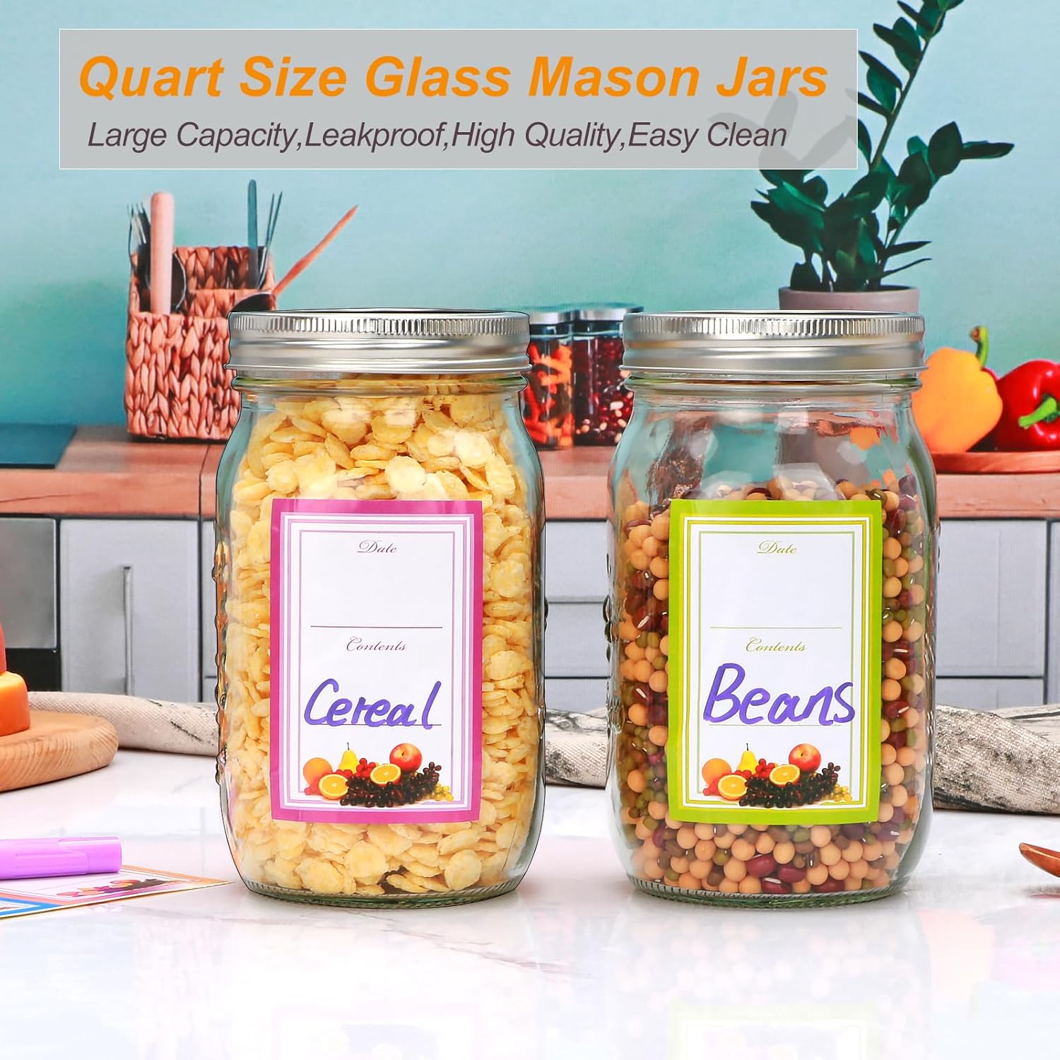 Encheng 12-Pack 32oz Clear Glass Mason Jars with Lids and Bands