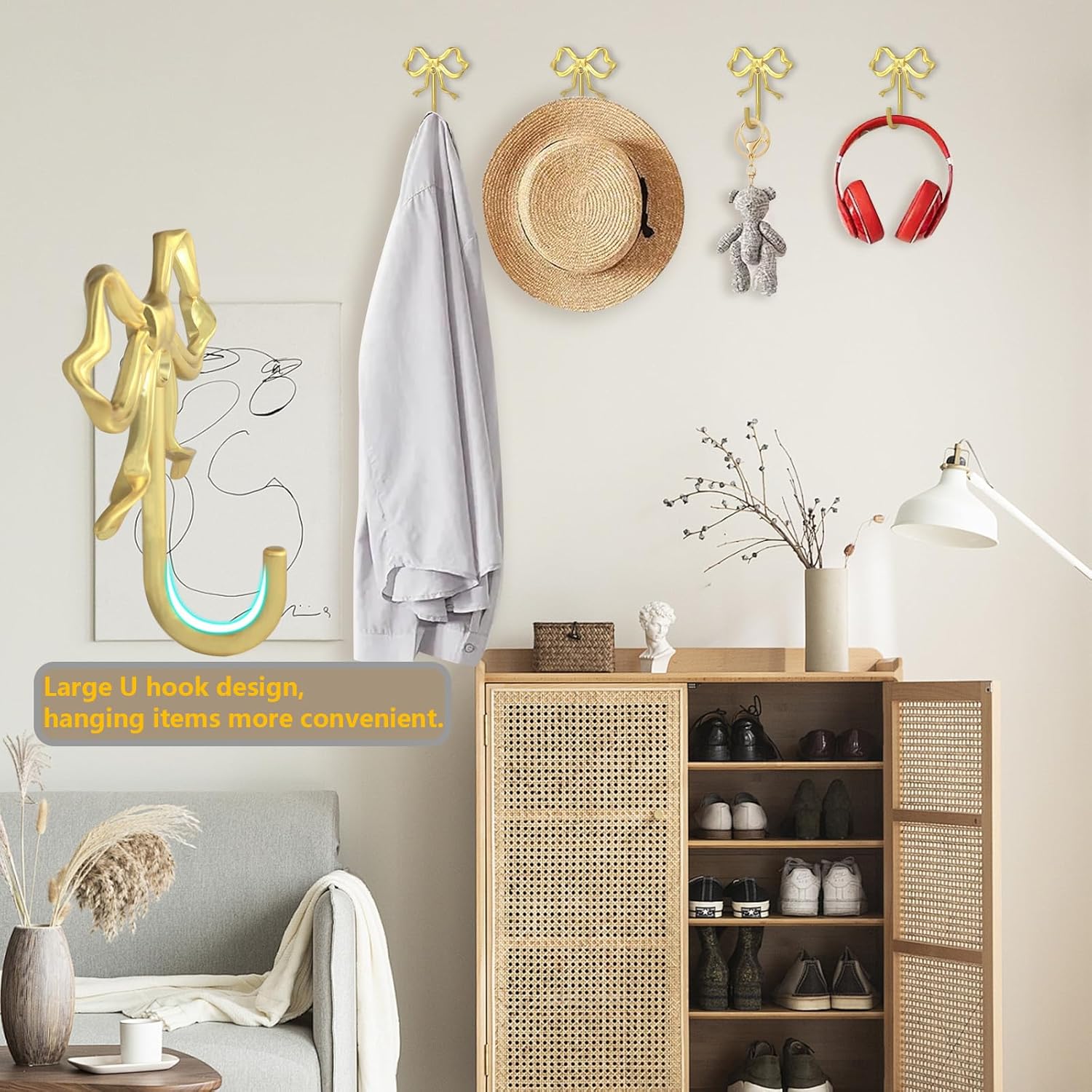 WODEGIFT Large Gold Bow Wall Hooks for Coats