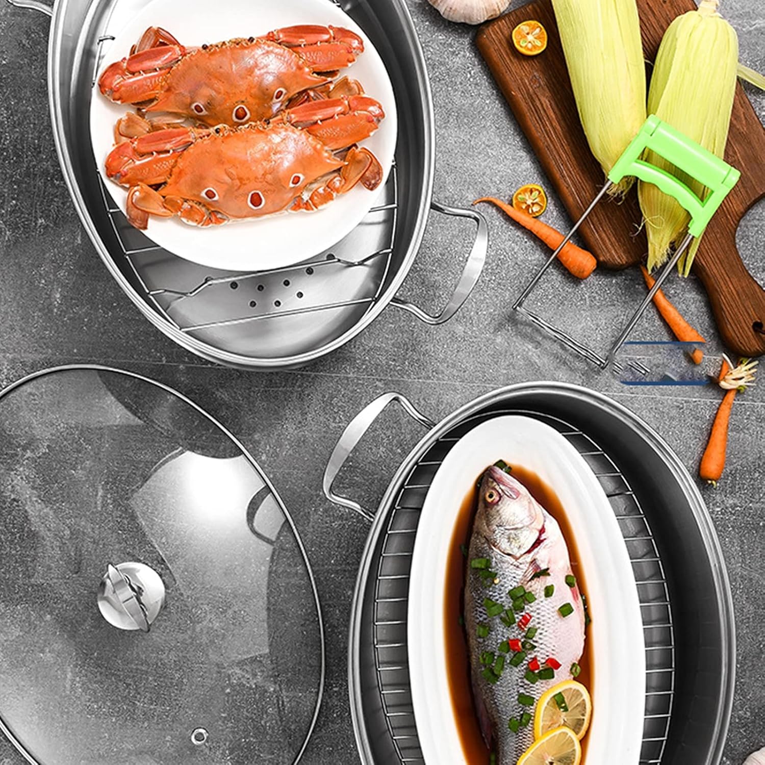 Stainless Steel Oval Fish Steamer with Ceramic Plate and Rack