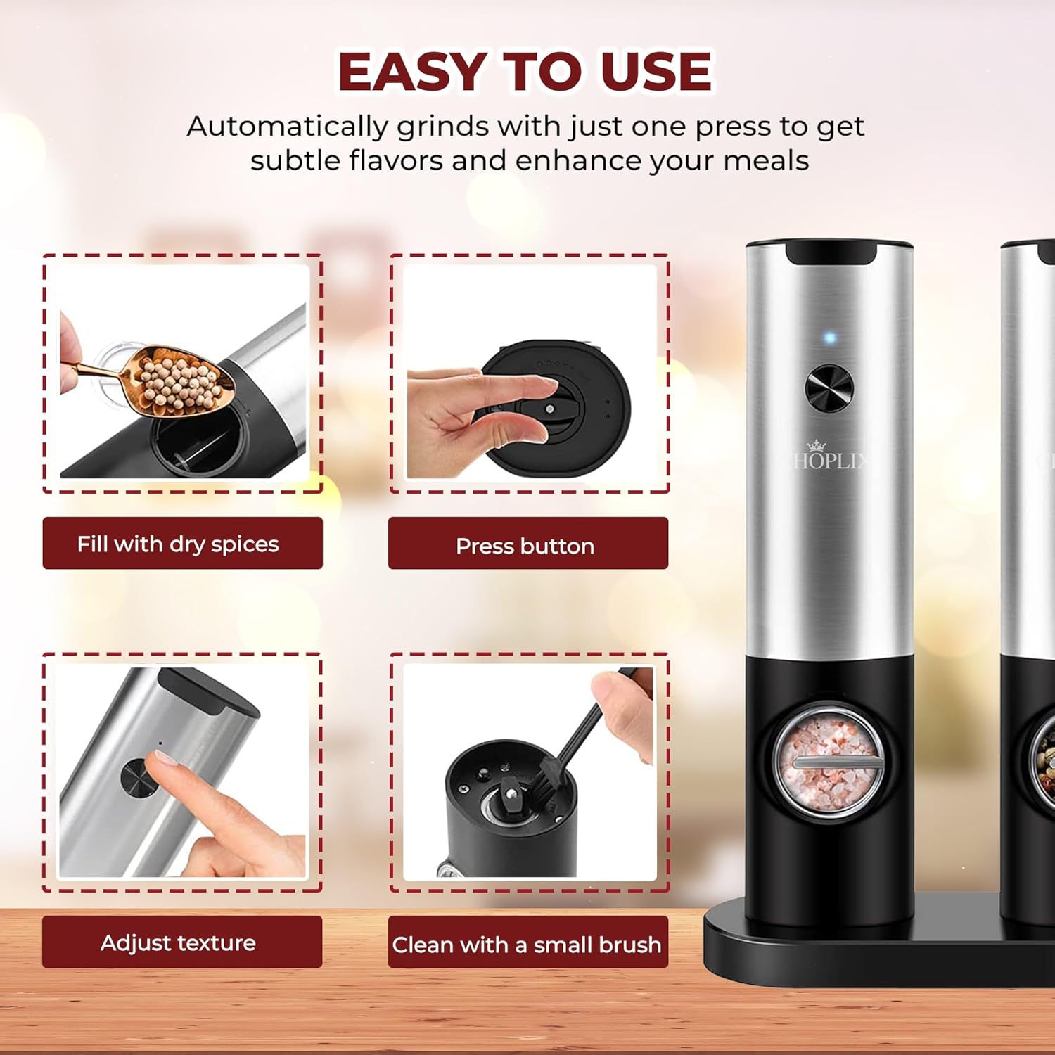 CHOPLIX USB Rechargeable Pepper Mill Set with LED Light