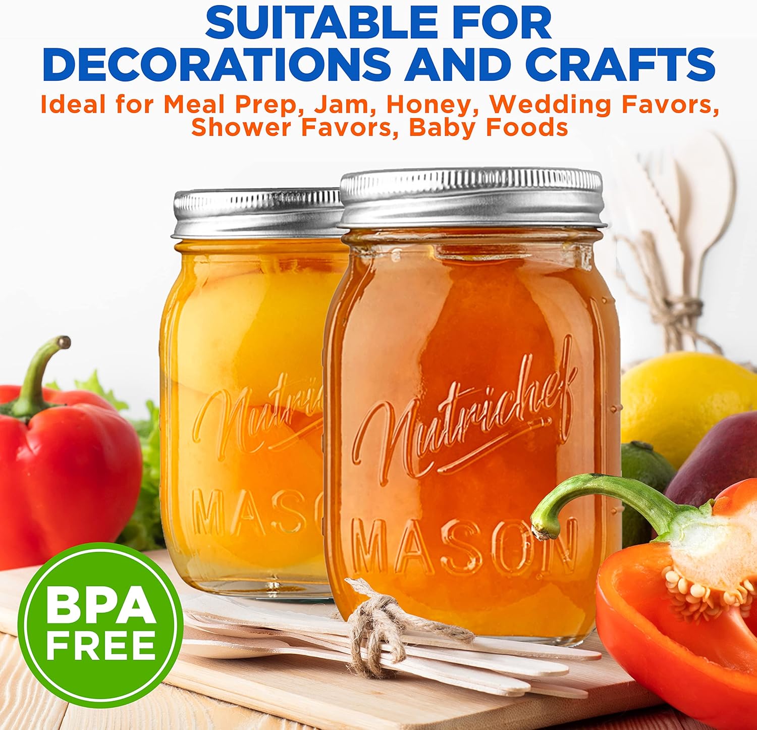 NutriChef 12-Pack 16 oz Mason Jars with Lids