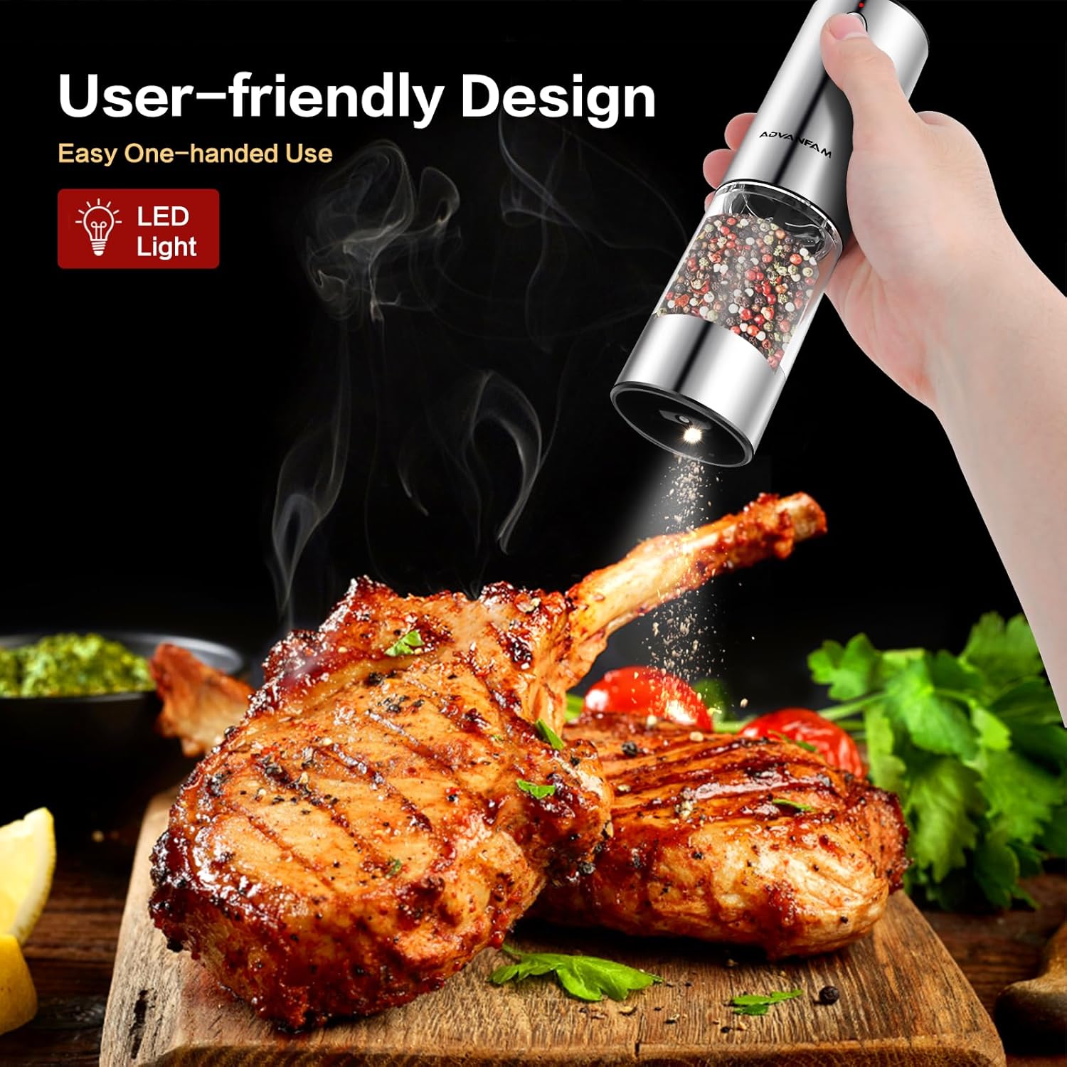 Advanfam Electric Pepper Mill with LED Light and Rechargeable Battery
