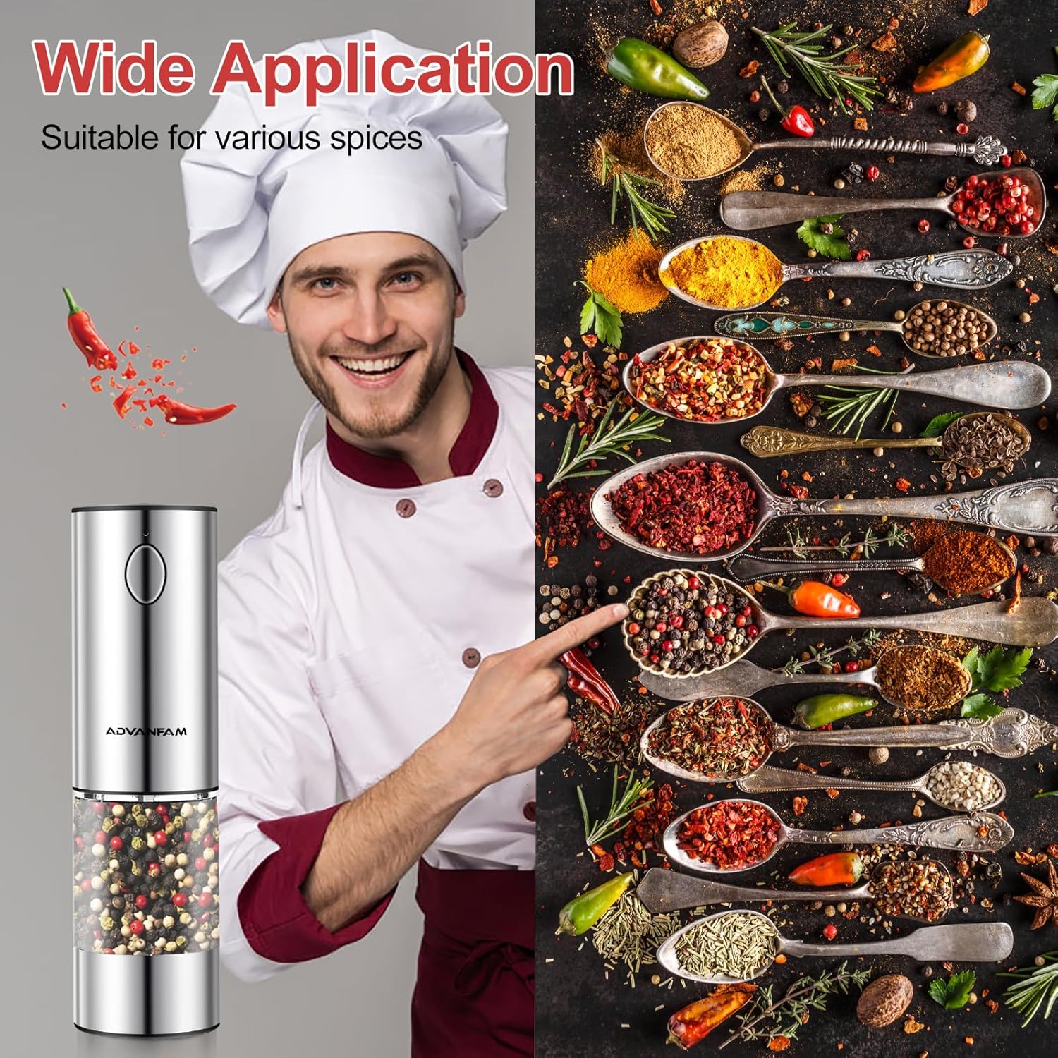 Advanfam Electric Pepper Mill with LED Light and Rechargeable Battery
