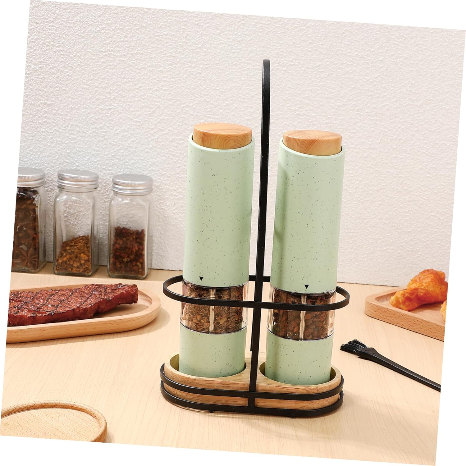 Cabilock 2pcs Adjustable Coarseness Salt Pepper Shaker Set with Stand