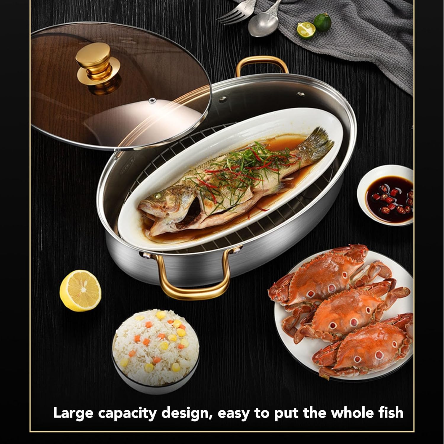 Stainless Steel Fish Steamer with Ceramic Lid and Rack