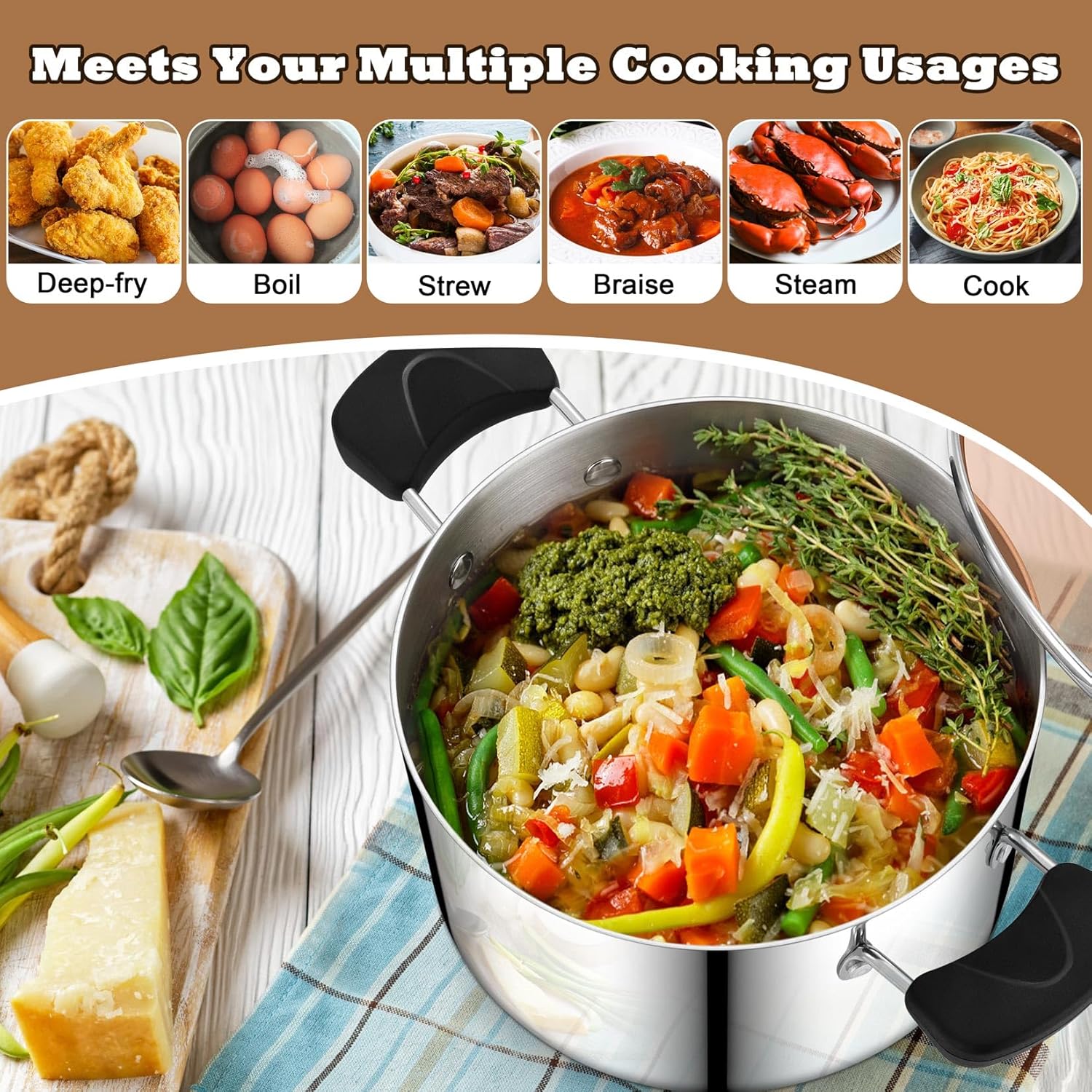 PP CHEF 8 Qt Stock Pot with Lid 3-Ply Stainless Steel