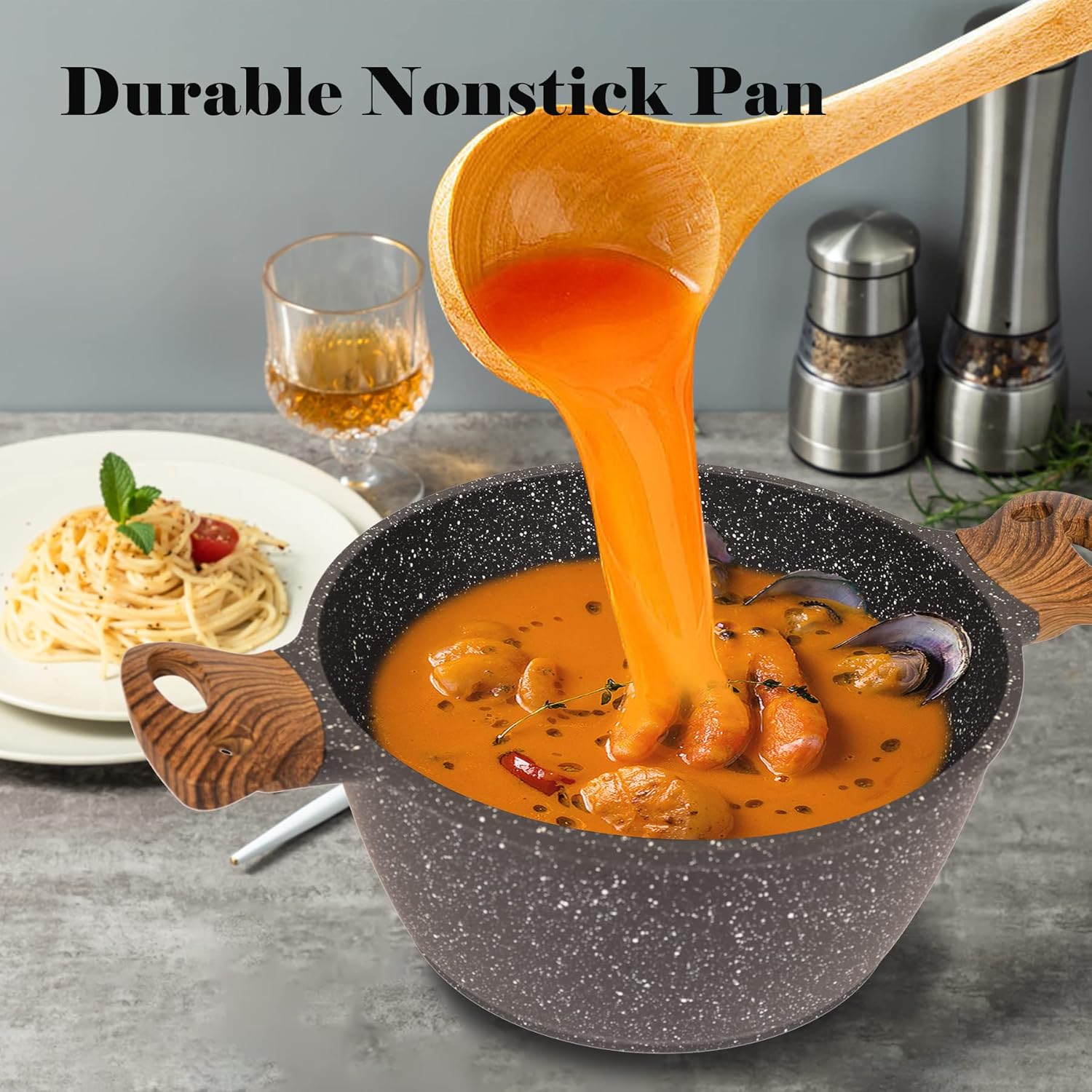 Minluful 9 Inch Nonstick Stockpot with Lid - Black