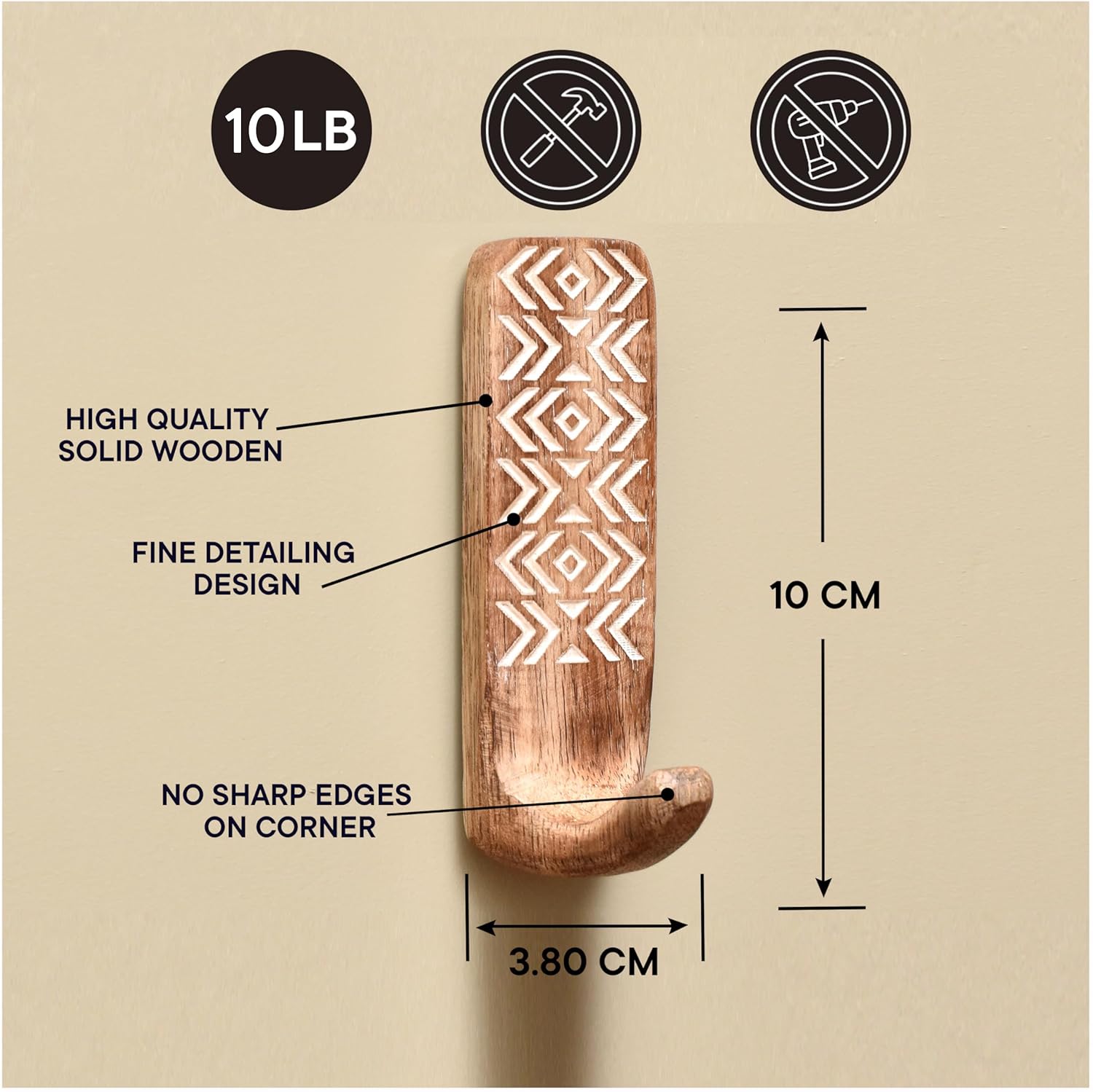 Indian Shelf 6 Piece Wooden Wall Hooks with Adhesive