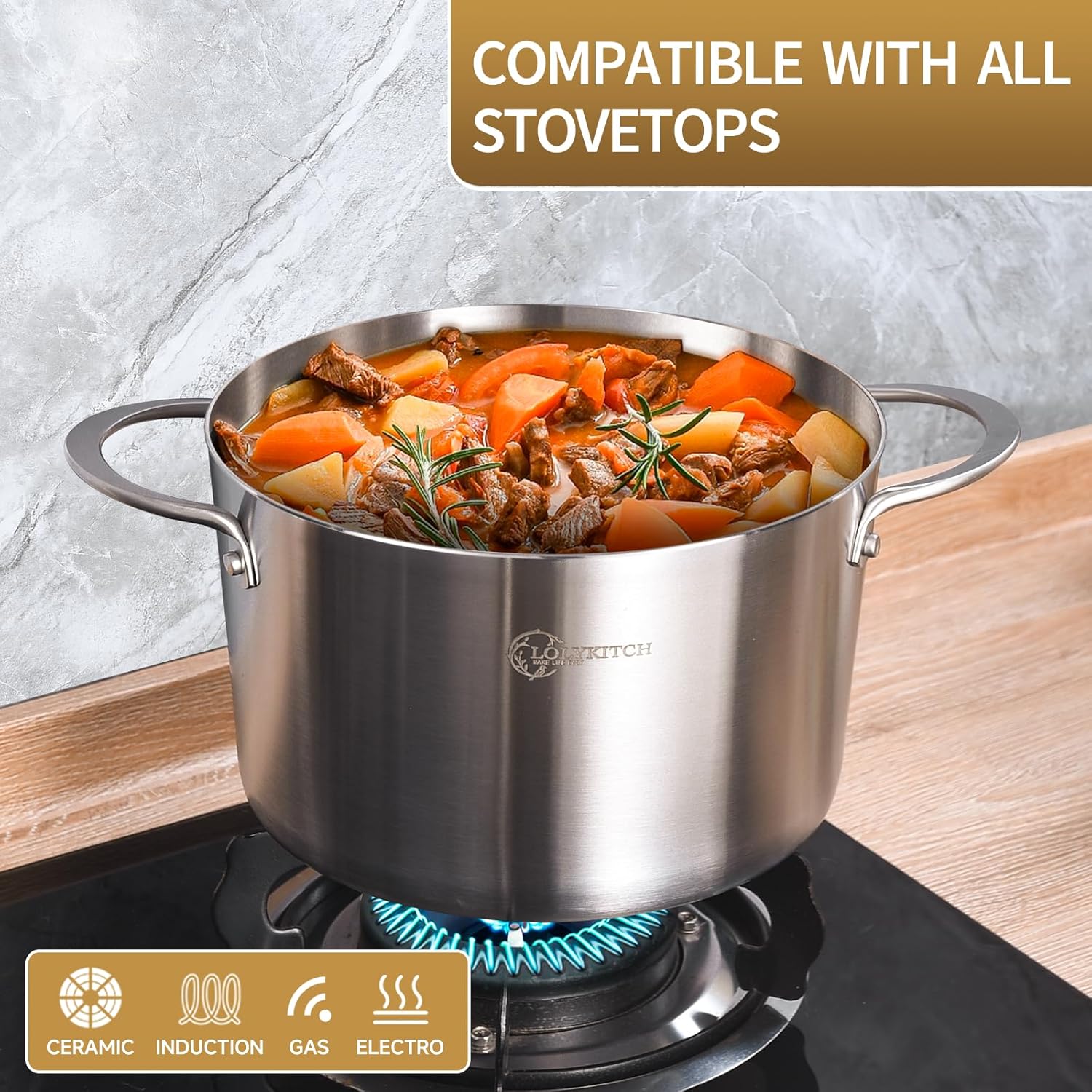 LOLYKITCH 3 Qt Tri-Ply Stock Pot with Lid and Steamer 1