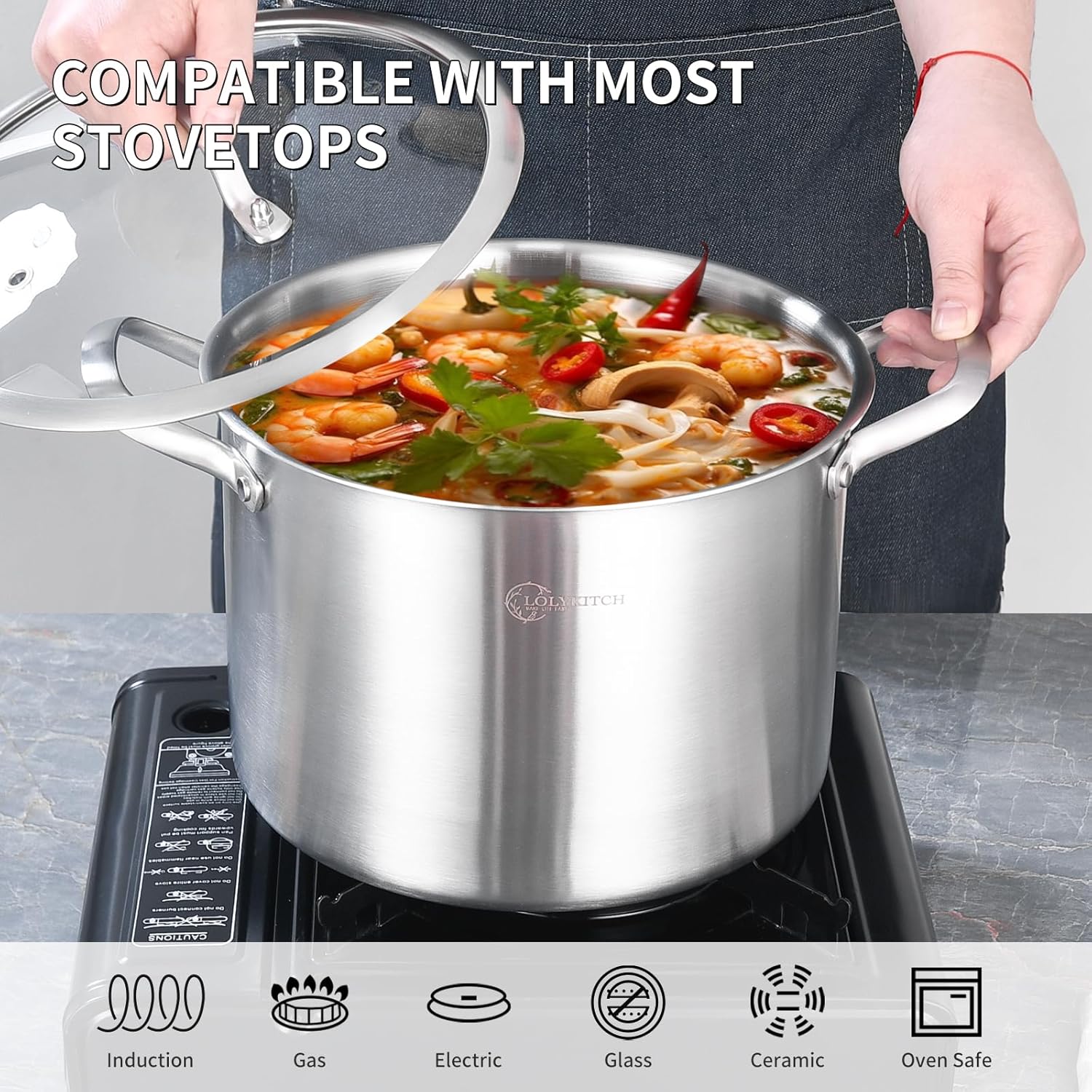 LOLYKITCH 8 Qt Tri-Ply Stainless Steel Stock Pot with Lid