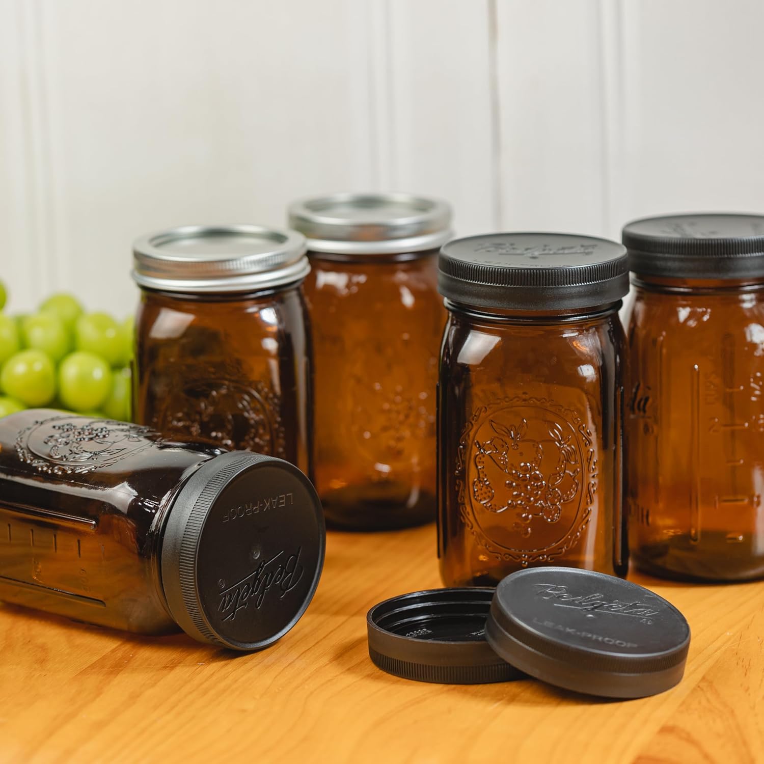 4 Pack 32 oz Amber Mason Jars with Airtight Lids and Plastic Lids