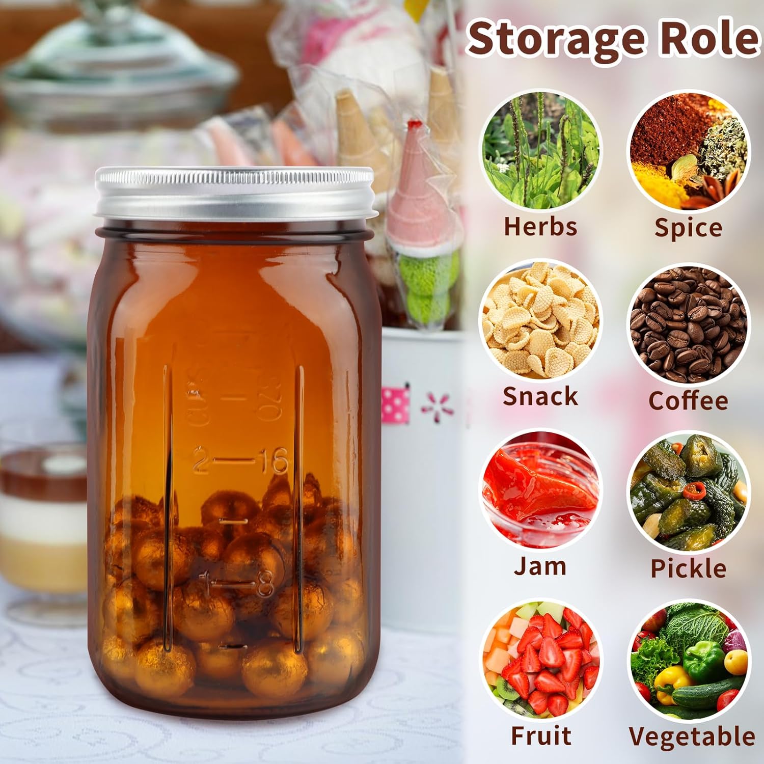 CARBLIN 6 Pack 32 oz Amber Canning Jars with Lids