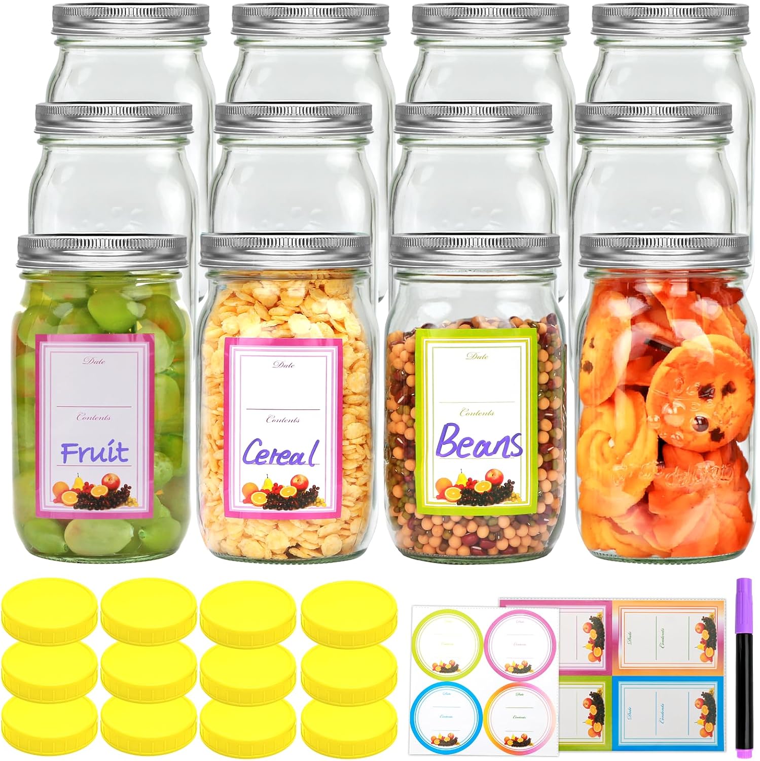 Encheng 12-Pack 32oz Clear Glass Mason Jars with Lids and Bands