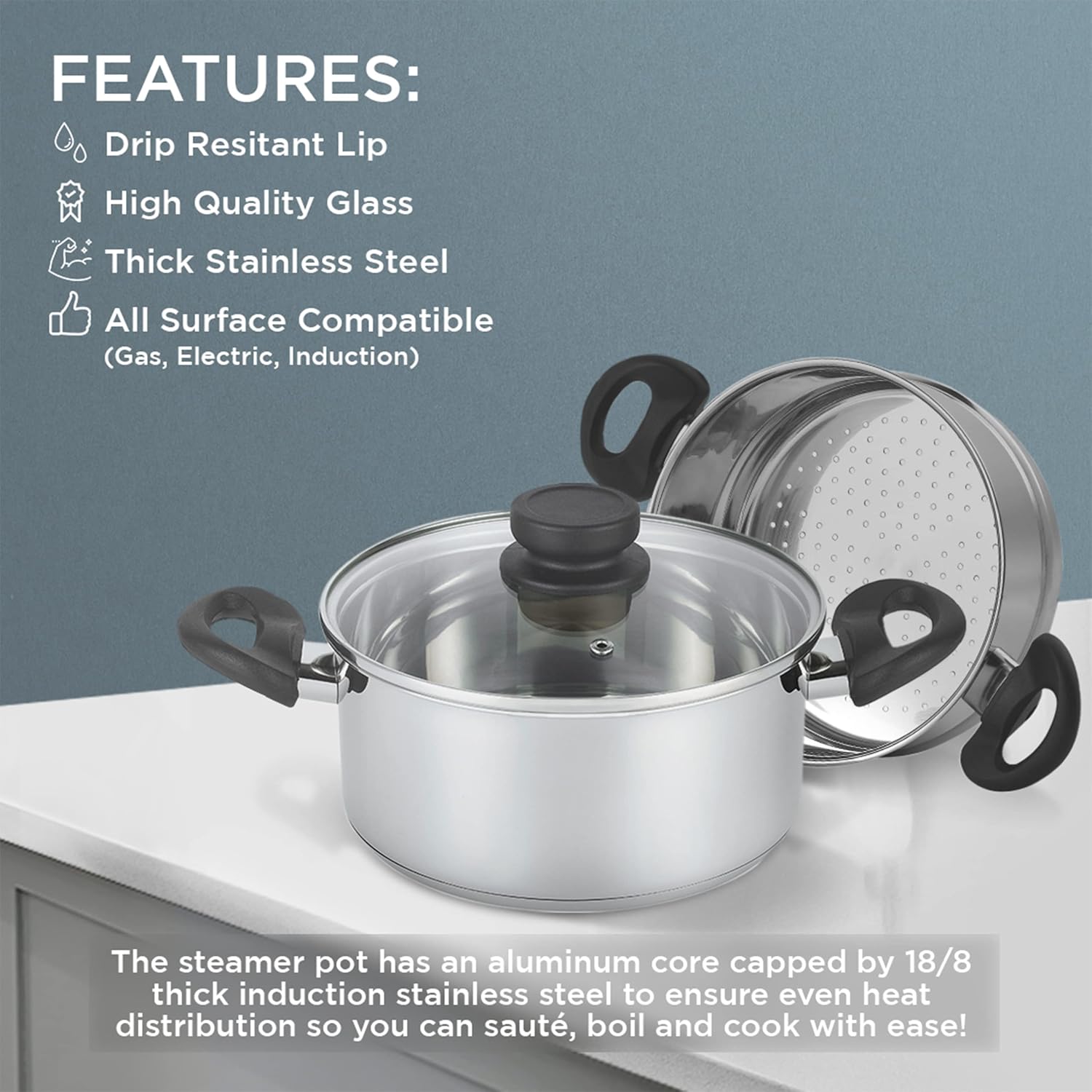Nevlers 3 Piece Heavy Duty Stainless Steel Steamer Pot Set