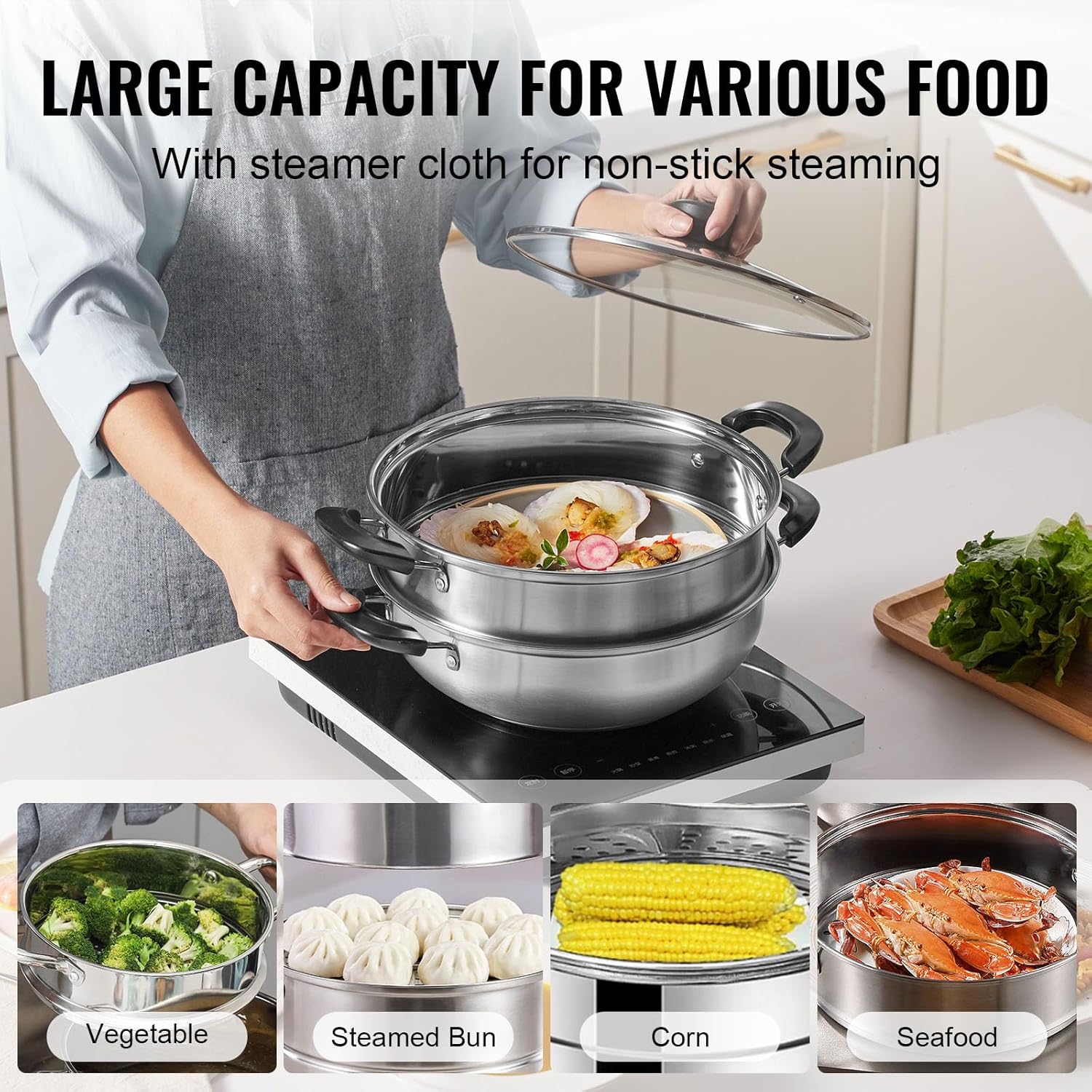VEVOR 11in Steamer Pot Set with 3QT Stock Pot and Steamer Cloth