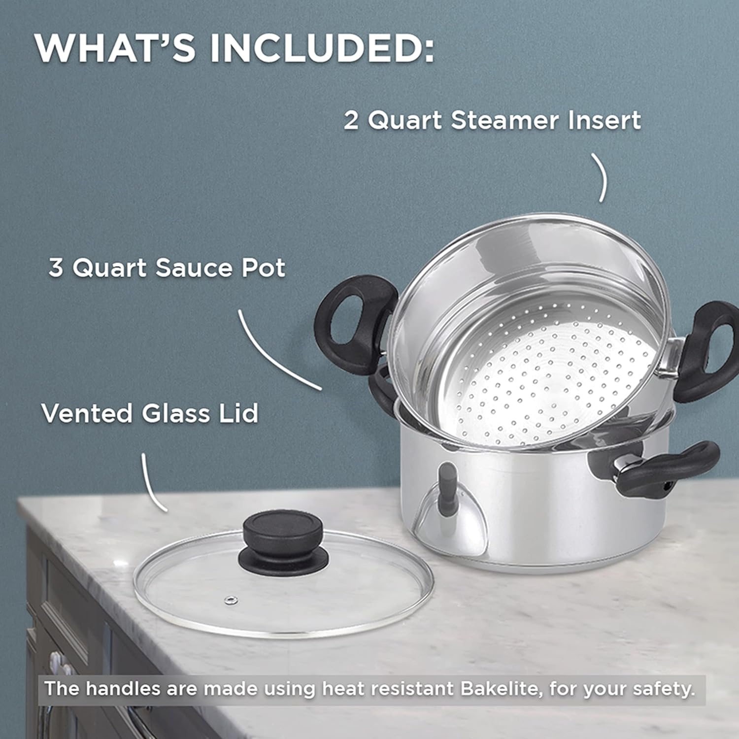 Nevlers 3 Piece Heavy Duty Stainless Steel Steamer Pot Set