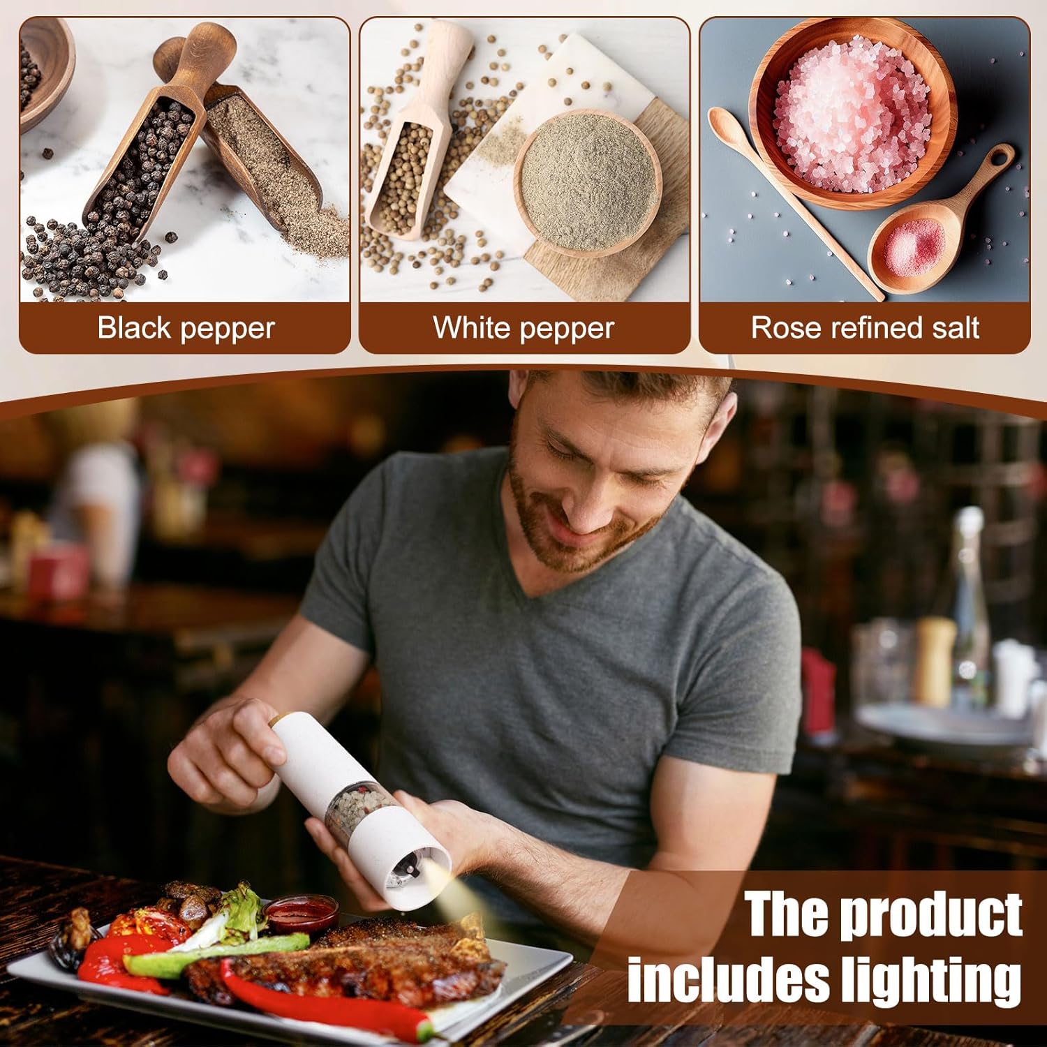 Electric Salt Pepper Grinder Set with LED Light and Spill Proof Base