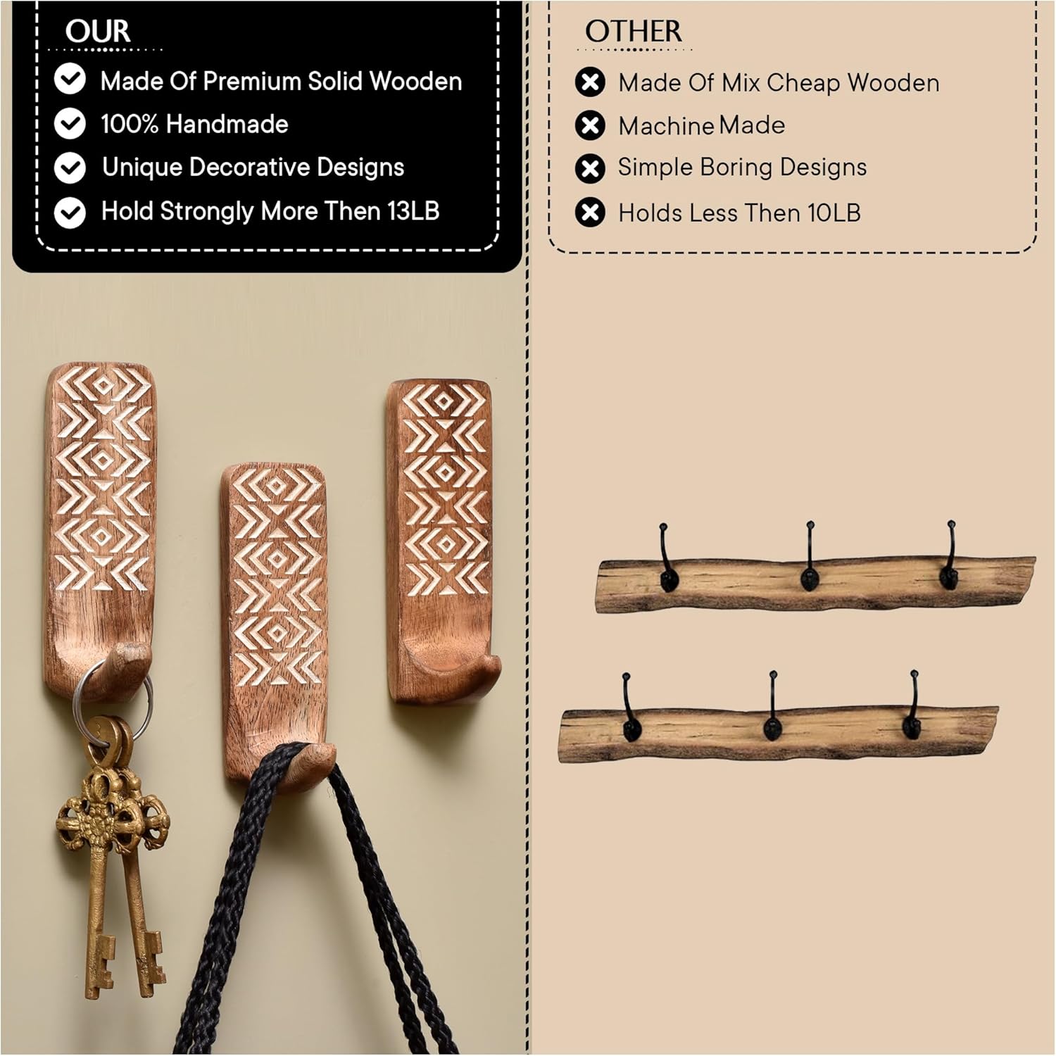 Indian Shelf 6 Piece Wooden Wall Hooks with Adhesive