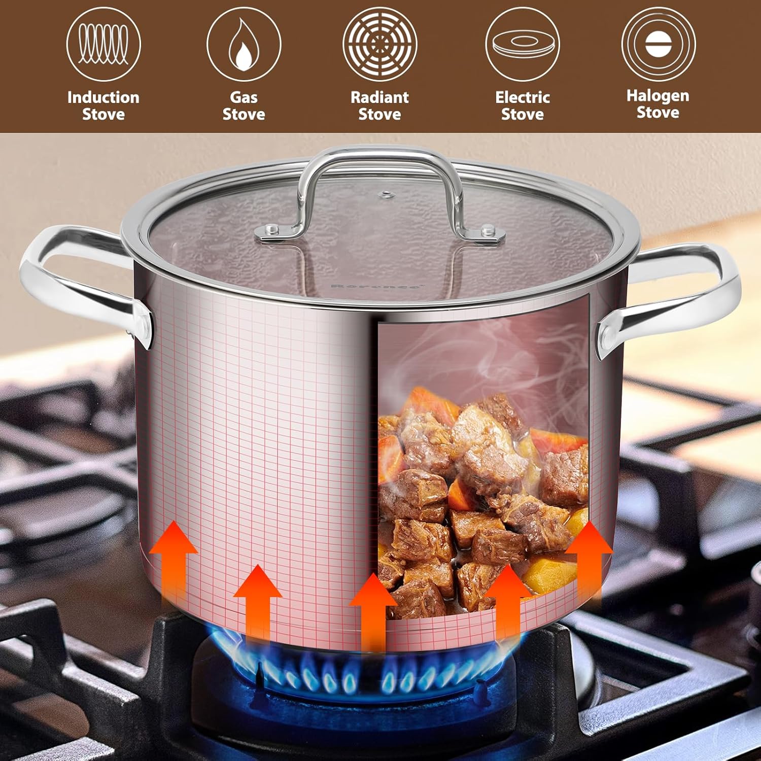 Rorence 8 QT Stockpot with Tempered Glass Lid 1