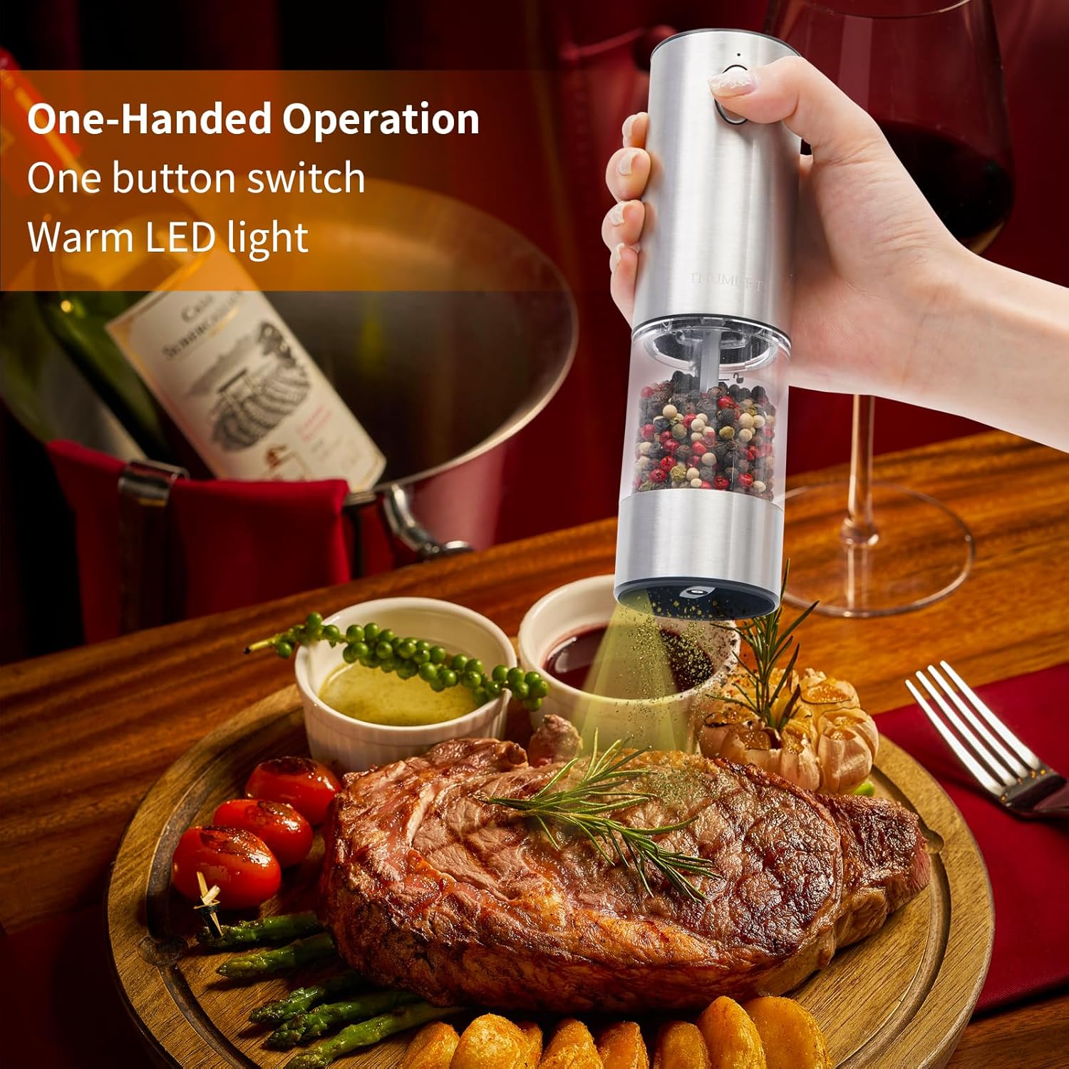 TNUMDRT Stainless Steel Pepper Mill Set with LED Light and Rechargeable Base