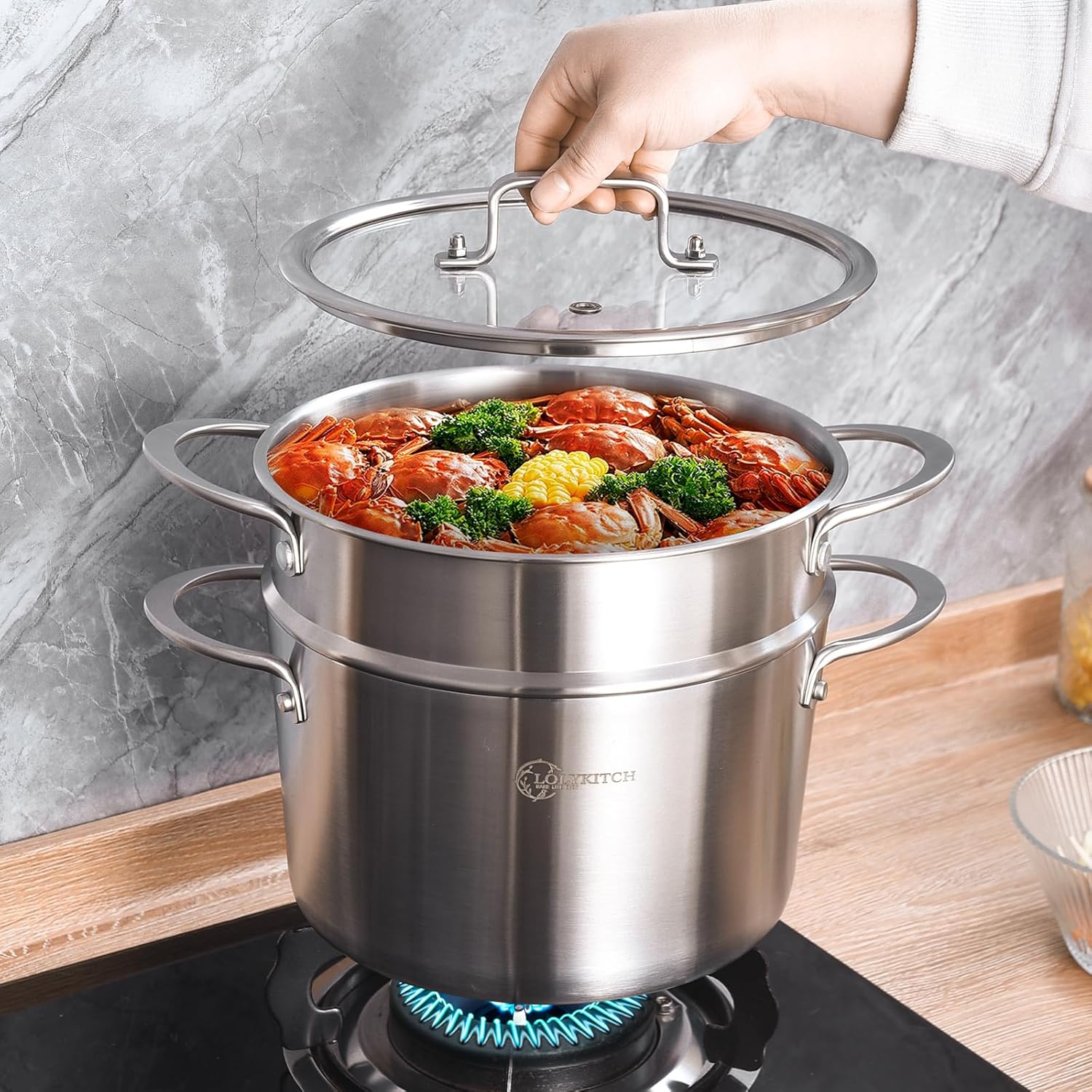 LOLYKITCH 3 Qt Tri-Ply Stock Pot with Lid and Steamer 1