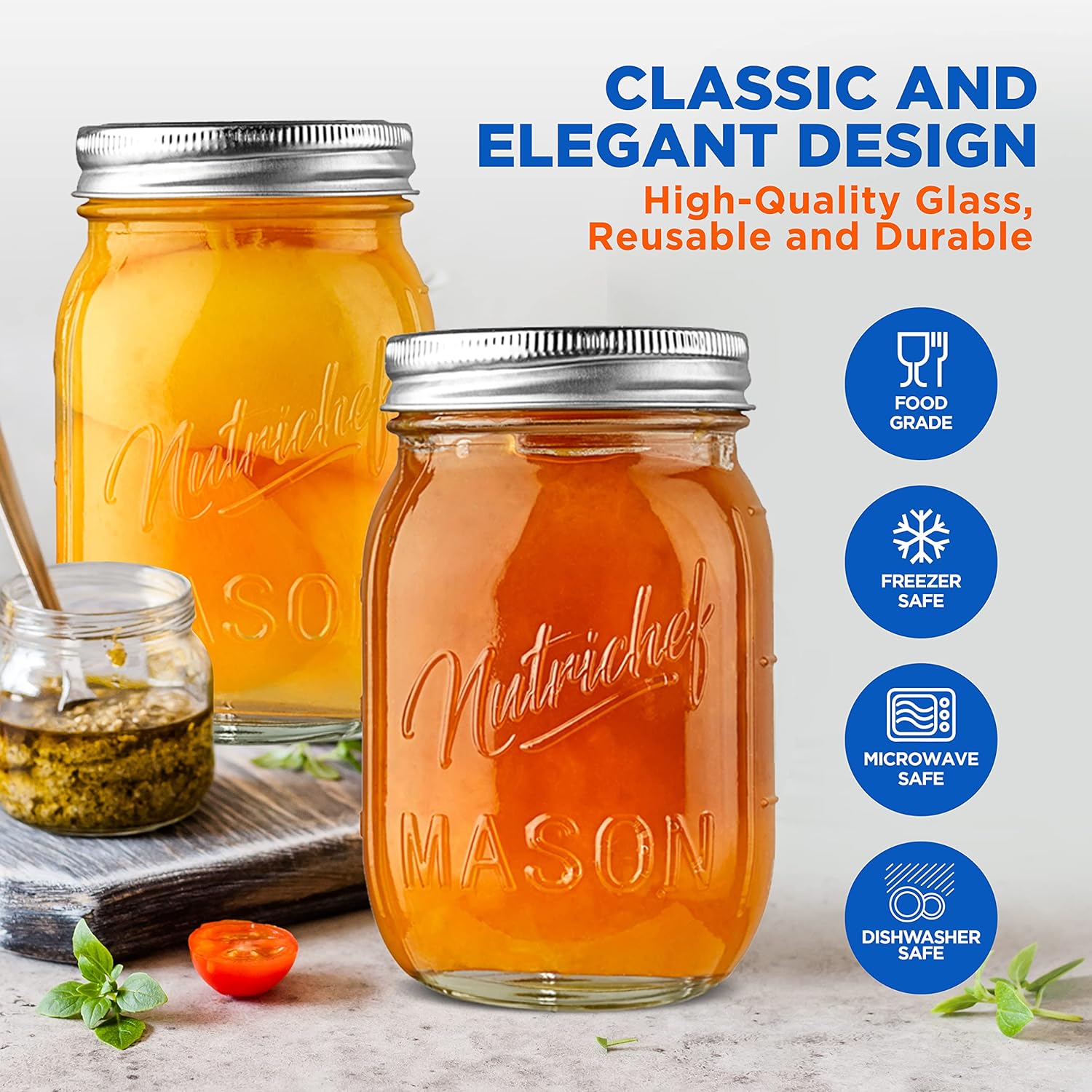 NutriChef 12-Pack 16 oz Mason Jars with Lids