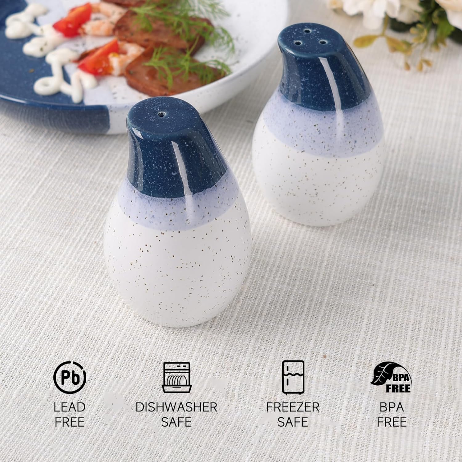 KERMANDO Ceramic Salt Pepper Shaker Set - 2 Pack Blue White